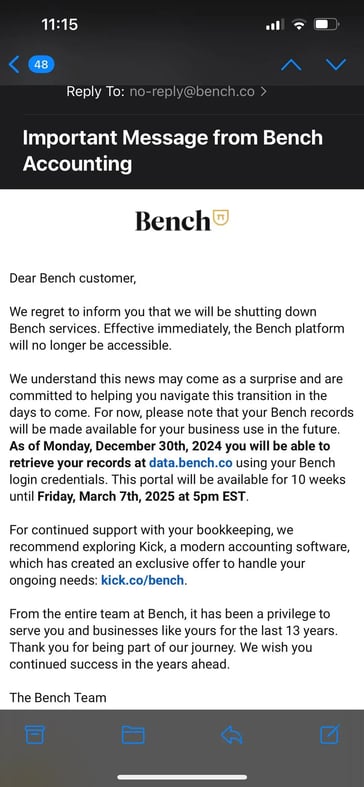 Bench Official Shut Down Email