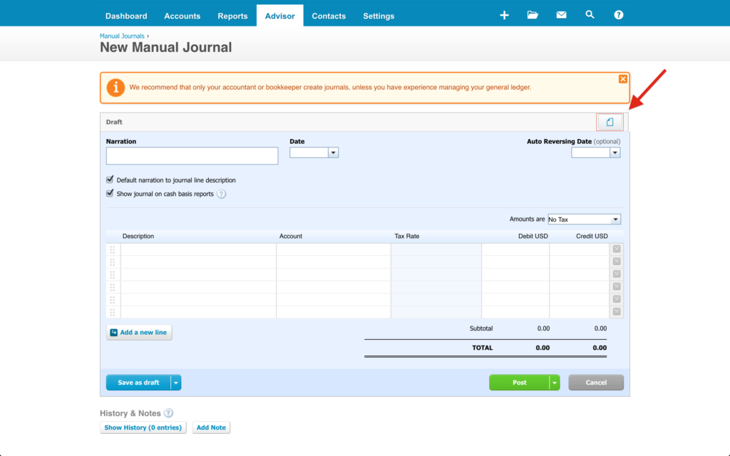 Arrow Pointing Towards the Draft Icon in the Xero 101 Software New Manual Journal Interface