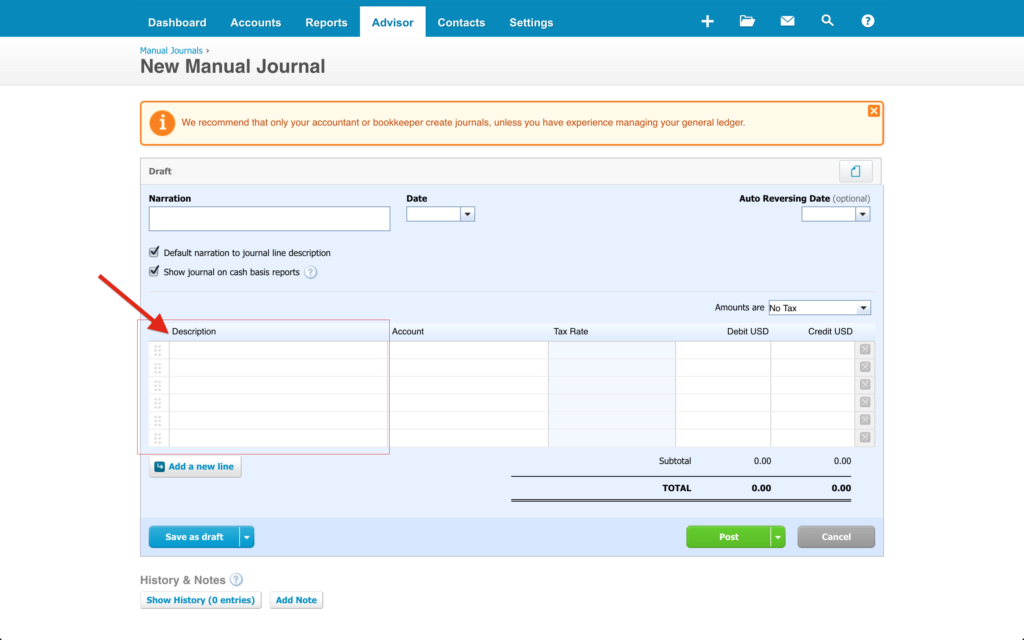Pointer Indicating Xero 101 Software's New Manual Journal Description Section