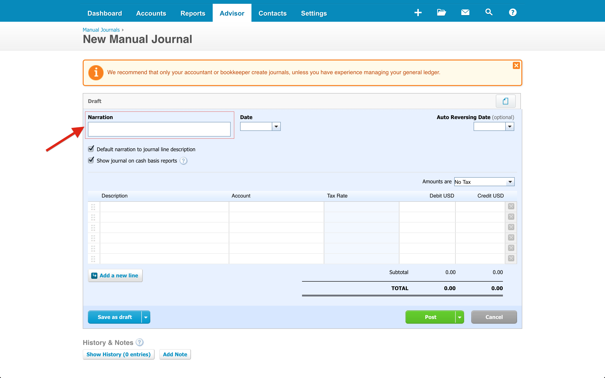 Screenshot of Xero's Journal Entries Section Featuring the Option to Create a New Manual Journal