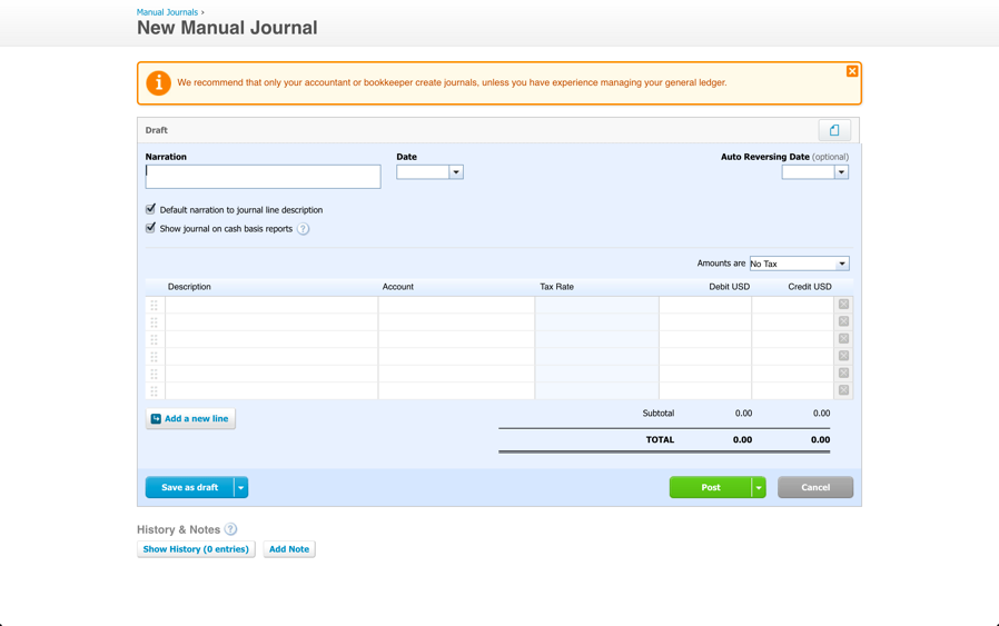Xero Software New Manual Journal Section Interface