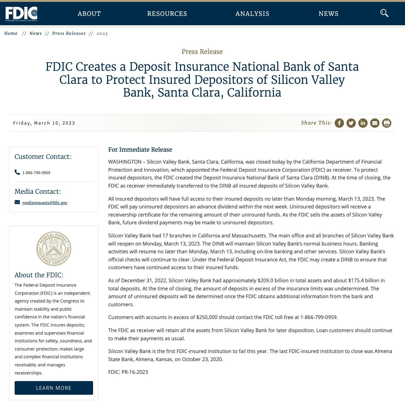 Silicon Valley Bank FDIC Press Release