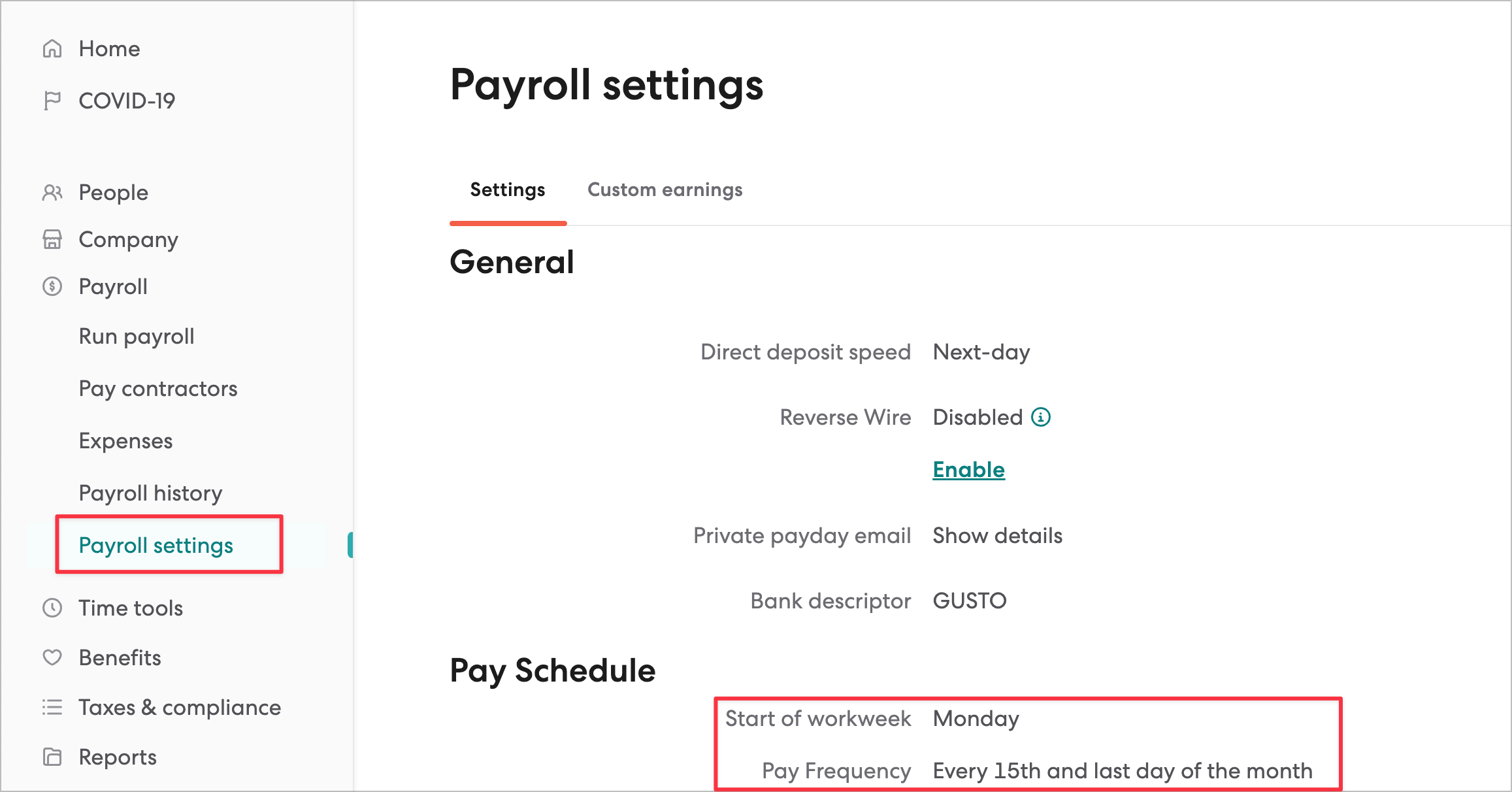 Gusto Payroll Settings - Pay Schedule
